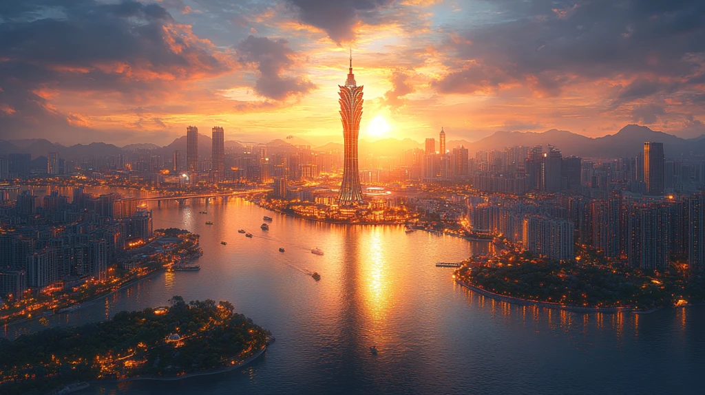 广州城市风光夕阳下的珠江与高楼全景