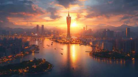 广州城市风光夕阳下的珠江与高楼全景