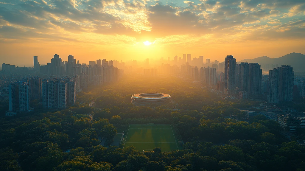 城市体育场与林立高楼的黄昏全景图
