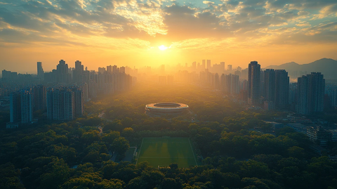 城市体育场与林立高楼的黄昏全景图