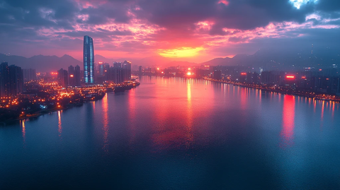 城市海滨的高楼大厦全景鸟瞰图