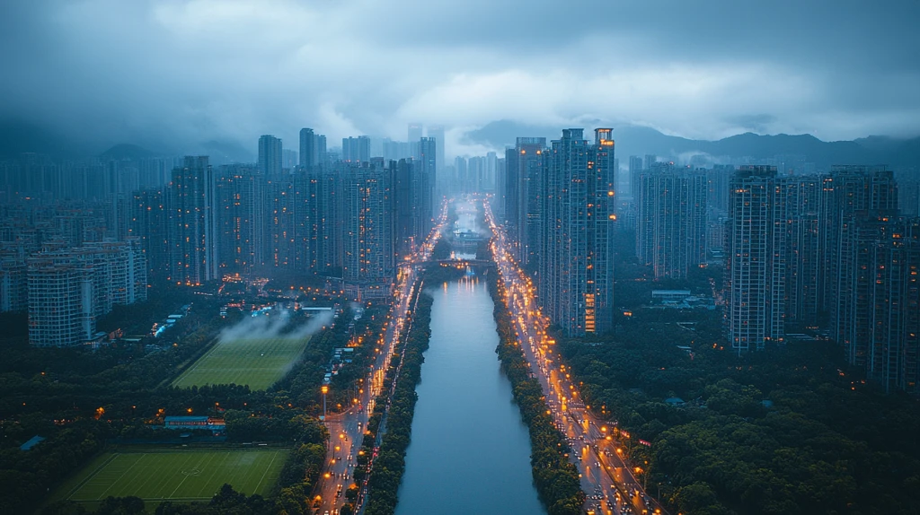 云雾中的城市高楼鸟瞰全景
