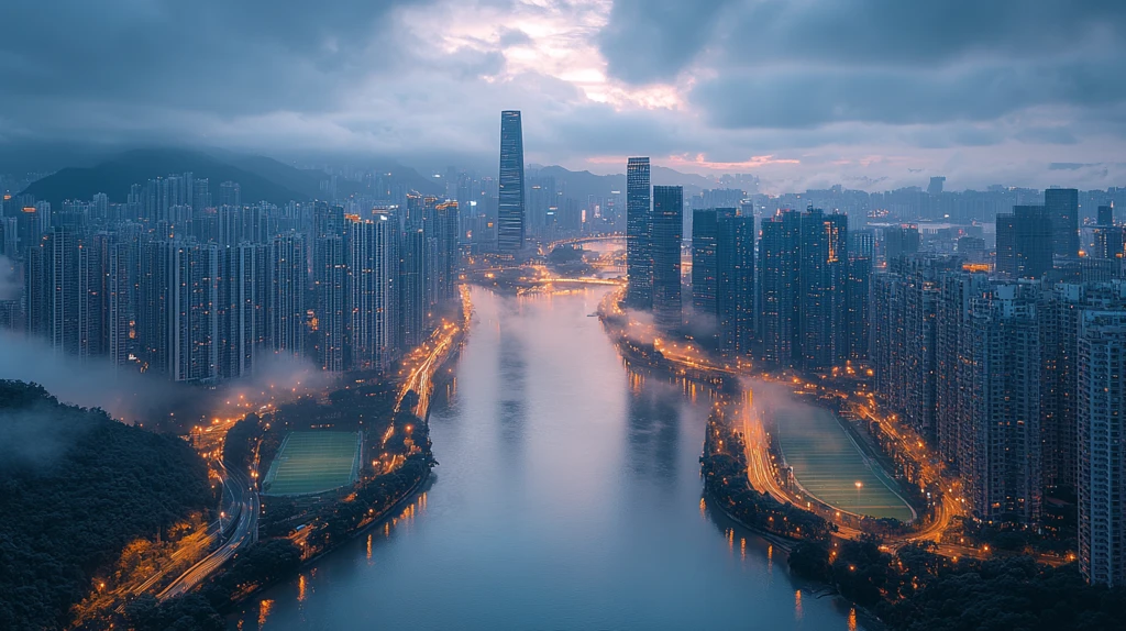 云雾中的城市高楼鸟瞰全景