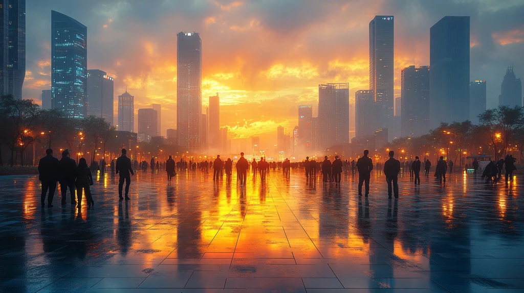 城市广场夜景高楼林立的繁华都市景象