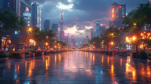 城市广场夜景高楼林立的繁华都市景象