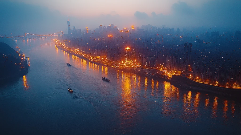航拍城市夜景灯火辉煌河流桥梁交错