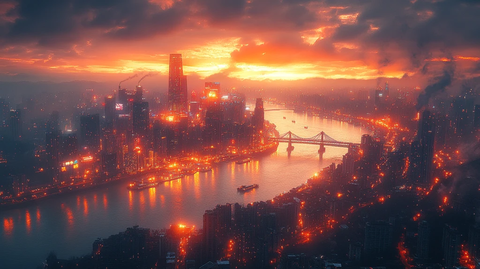 航拍城市夜景灯火辉煌河流桥梁交错