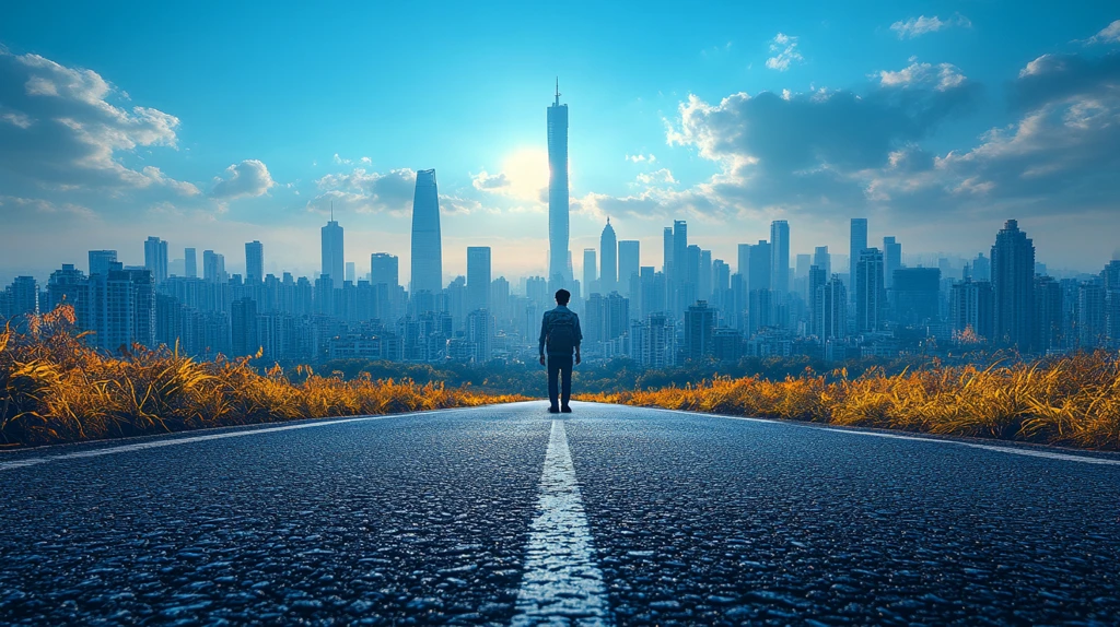 城市全景俯瞰视角下的摩天大楼和道路