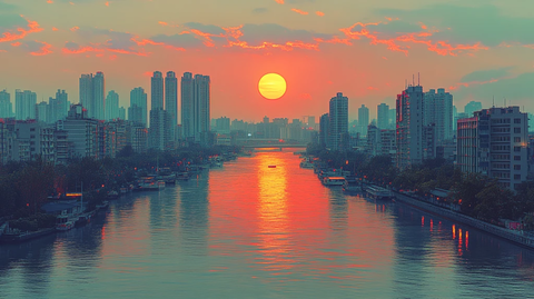 城市河流旁的摩天大楼群鸟瞰全景