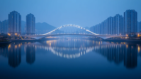 城市夜景中的现代化大桥与高楼