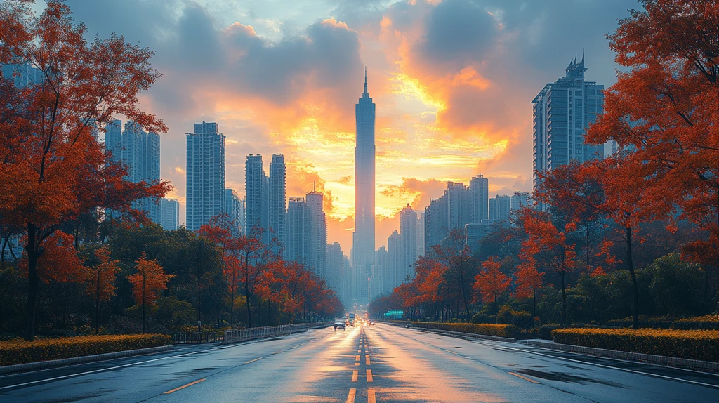 城市中林荫大道与高楼相映成趣的景致