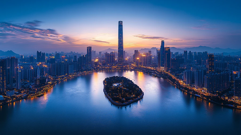 城市河流旁的摩天大楼鸟瞰图