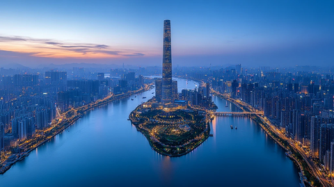 城市河流旁的摩天大楼鸟瞰图