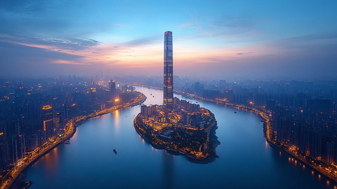 城市河流旁的摩天大楼鸟瞰图