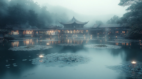 江南水乡古建筑中的氤氲荷池景色