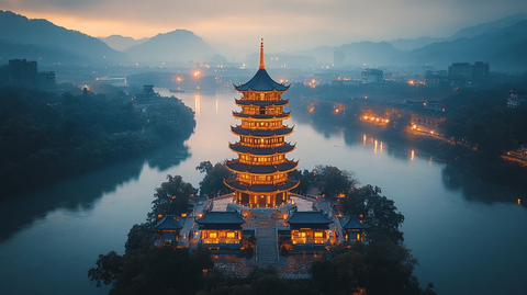 河畔古建筑夜景的唯美全景