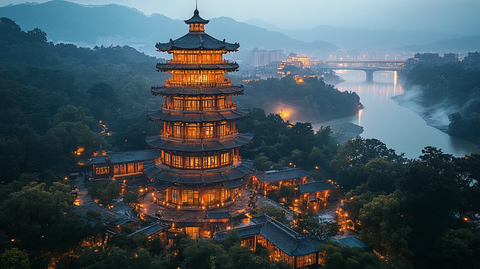 河畔古建筑夜景的唯美全景