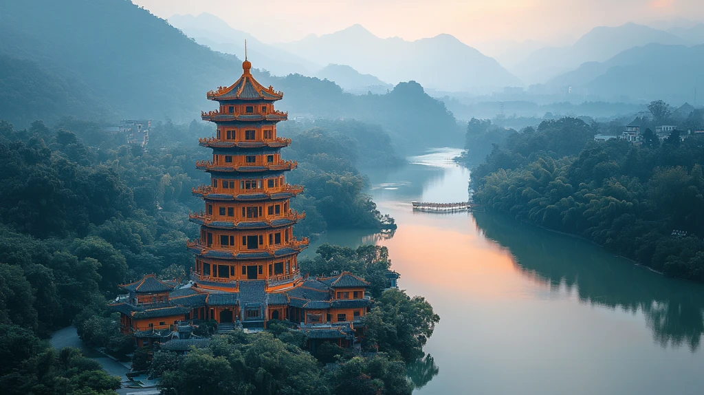 河畔古建筑夜景的唯美全景