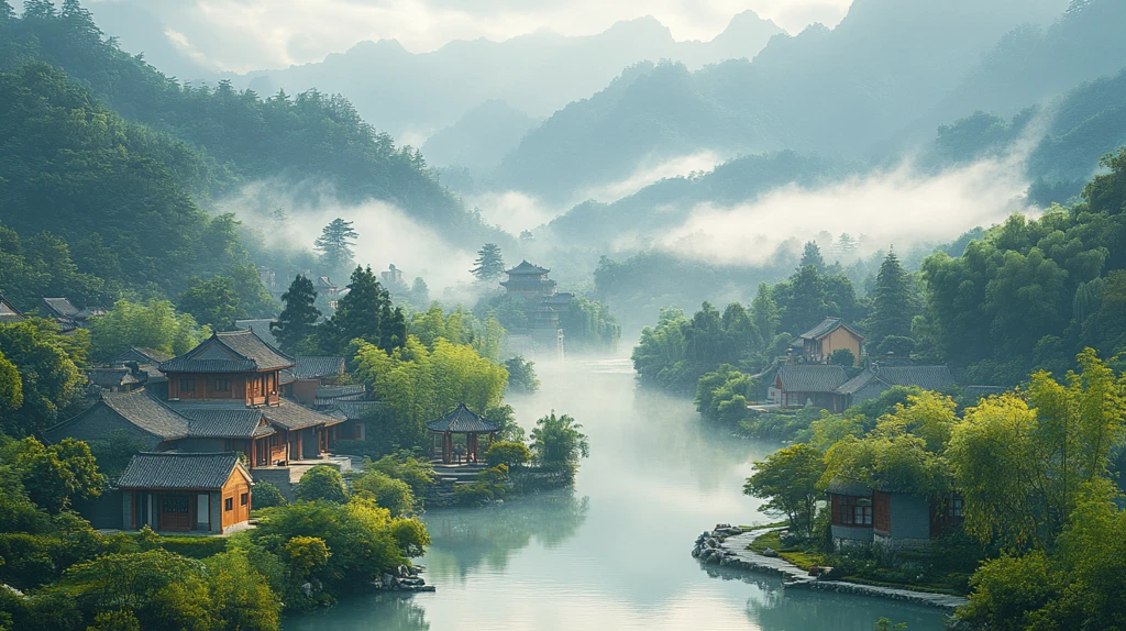 山间古村全景云雾缭绕的世外桃源