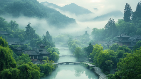 山间古村全景云雾缭绕的世外桃源