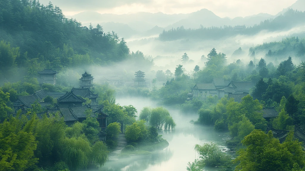 山间古村全景云雾缭绕的世外桃源