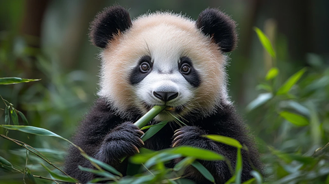 熊猫在户外吃竹叶的可爱模样