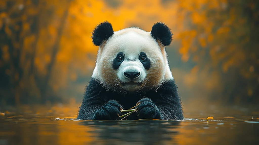 熊猫在户外吃竹叶的可爱模样