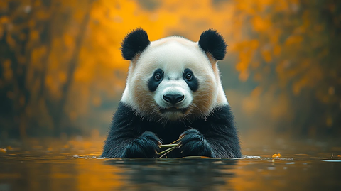 熊猫在户外吃竹叶的可爱模样