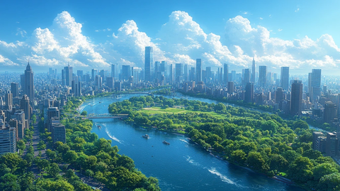 现代化城市高楼与河流绿地相映成趣