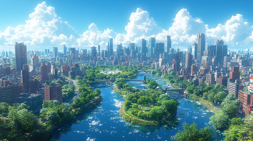 现代化城市高楼与河流绿地相映成趣