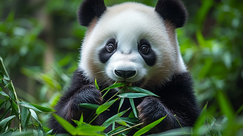 熊猫坐在竹林中进食竹叶的可爱模样