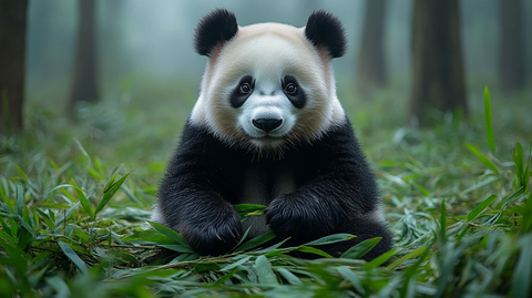 熊猫坐在竹林中进食竹叶的可爱模样