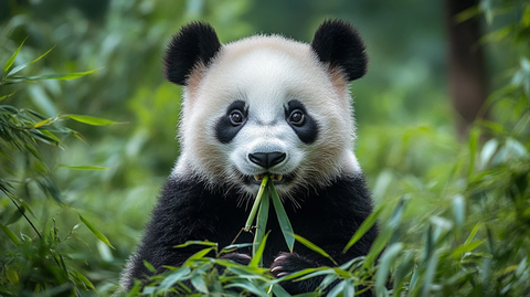 熊猫坐在竹林中进食竹叶的可爱模样