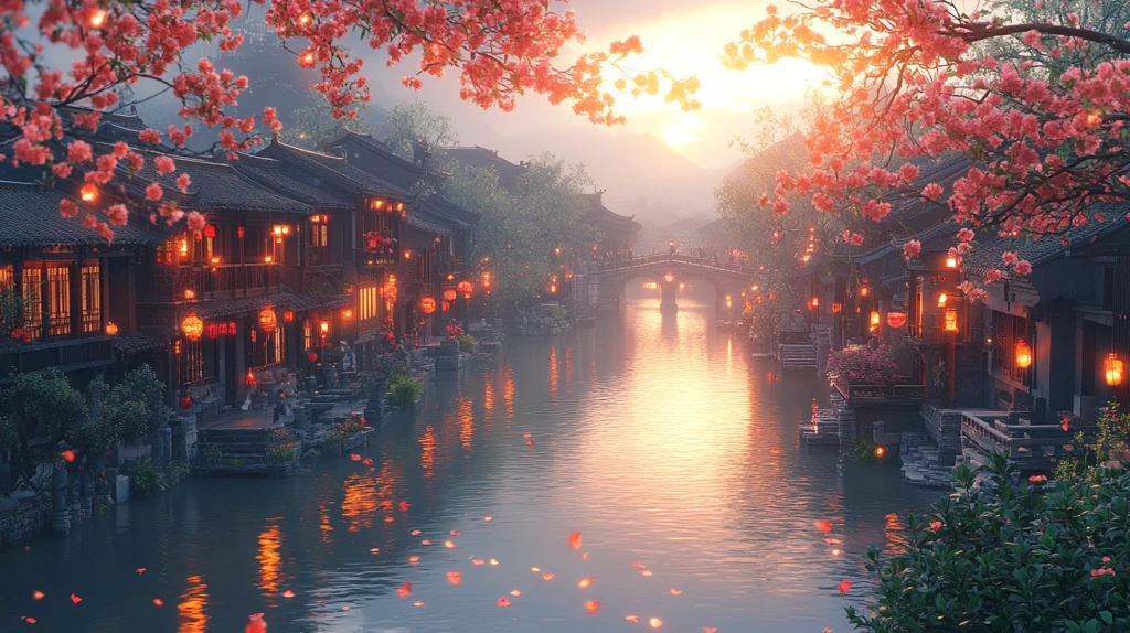 江南水乡古镇建筑与水道相映的景象