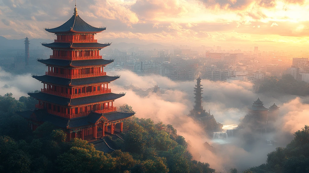 云雾中瀑布上的古楼阁鸟瞰全景