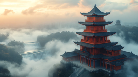 云雾中瀑布上的古楼阁鸟瞰全景