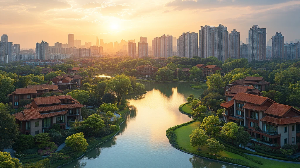 夕阳下的城市中绿树环绕的别墅区