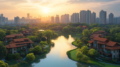 夕阳下的城市中绿树环绕的别墅区