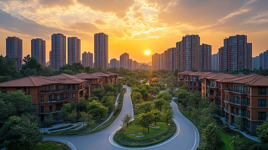 夕阳下的城市中绿树环绕的别墅区