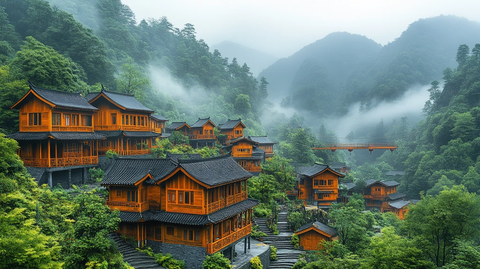 山间的特色木屋建筑风景