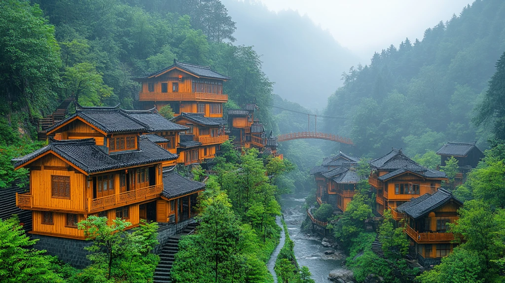 山间的特色木屋建筑风景