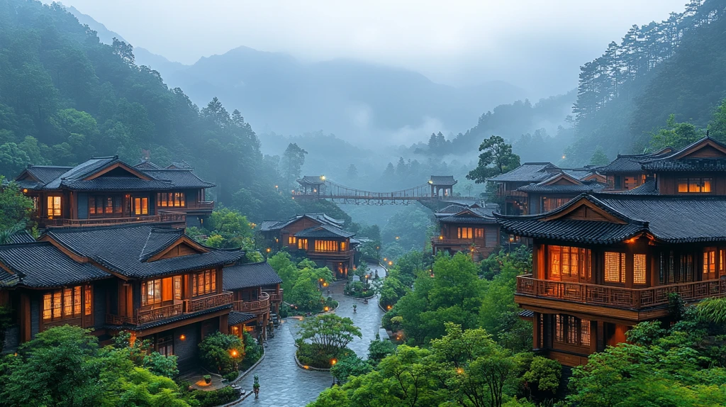 山间的特色木屋建筑风景