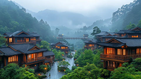 山间的特色木屋建筑风景