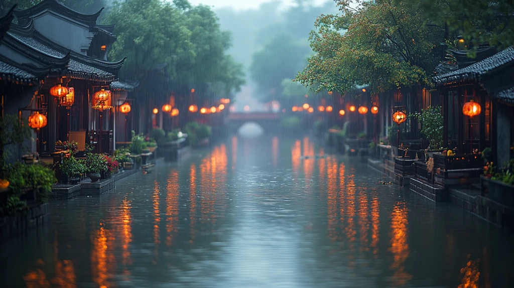 江南水乡雨中夜景古建灯笼倒映水中