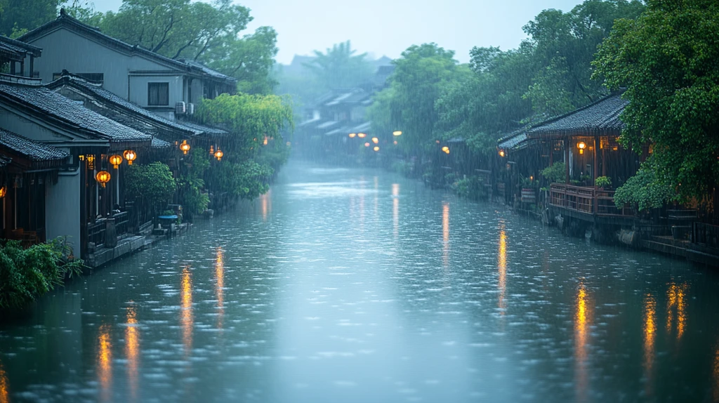 江南水乡雨中夜景古建灯笼倒映水中