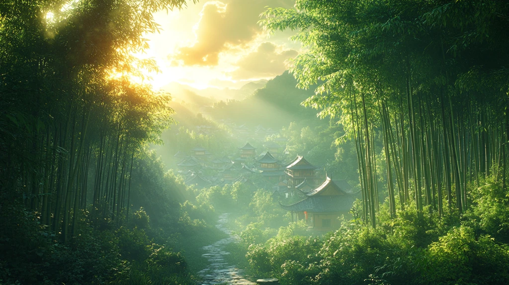 竹林中的中式建筑小径