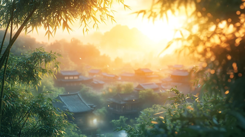 竹林中的中式建筑小径