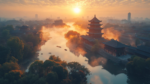 古城镇河景鸟瞰图