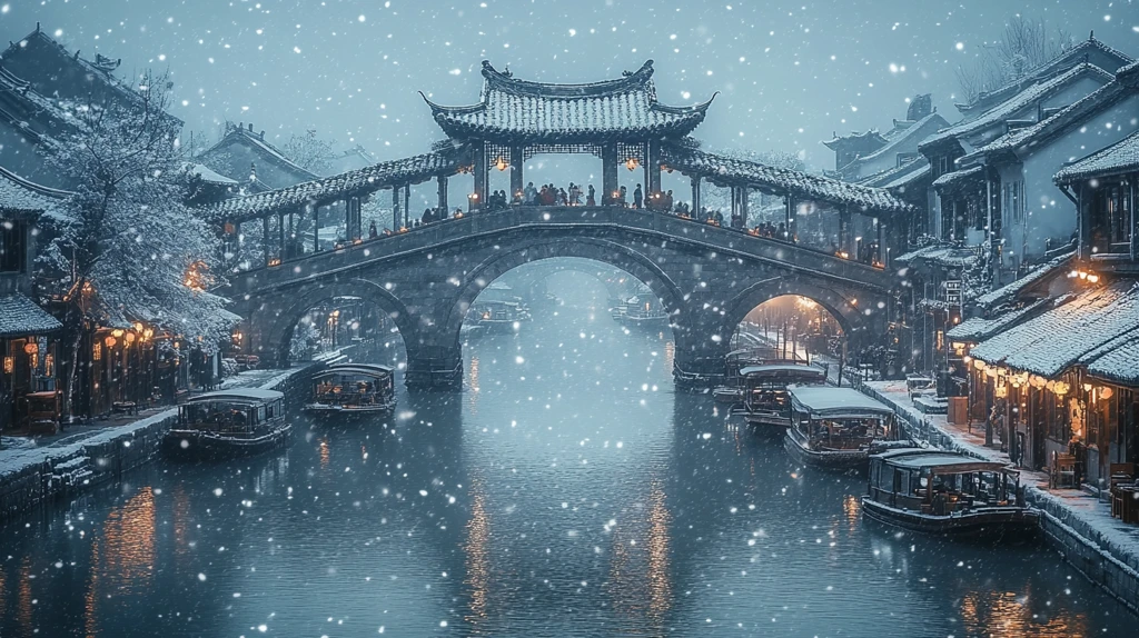 雪中江南水乡古桥与小船相映成趣