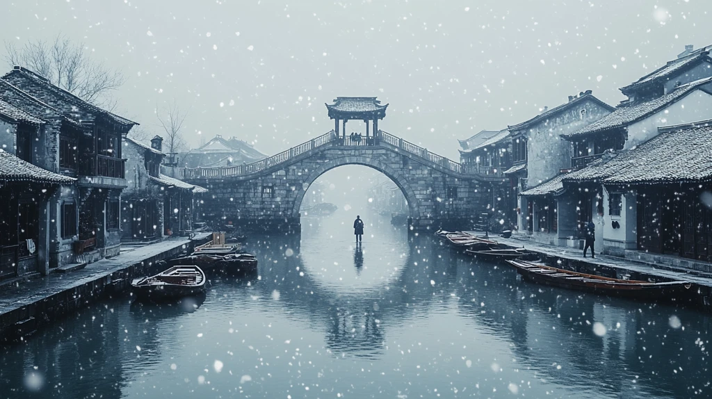 雪中江南水乡古桥与小船相映成趣